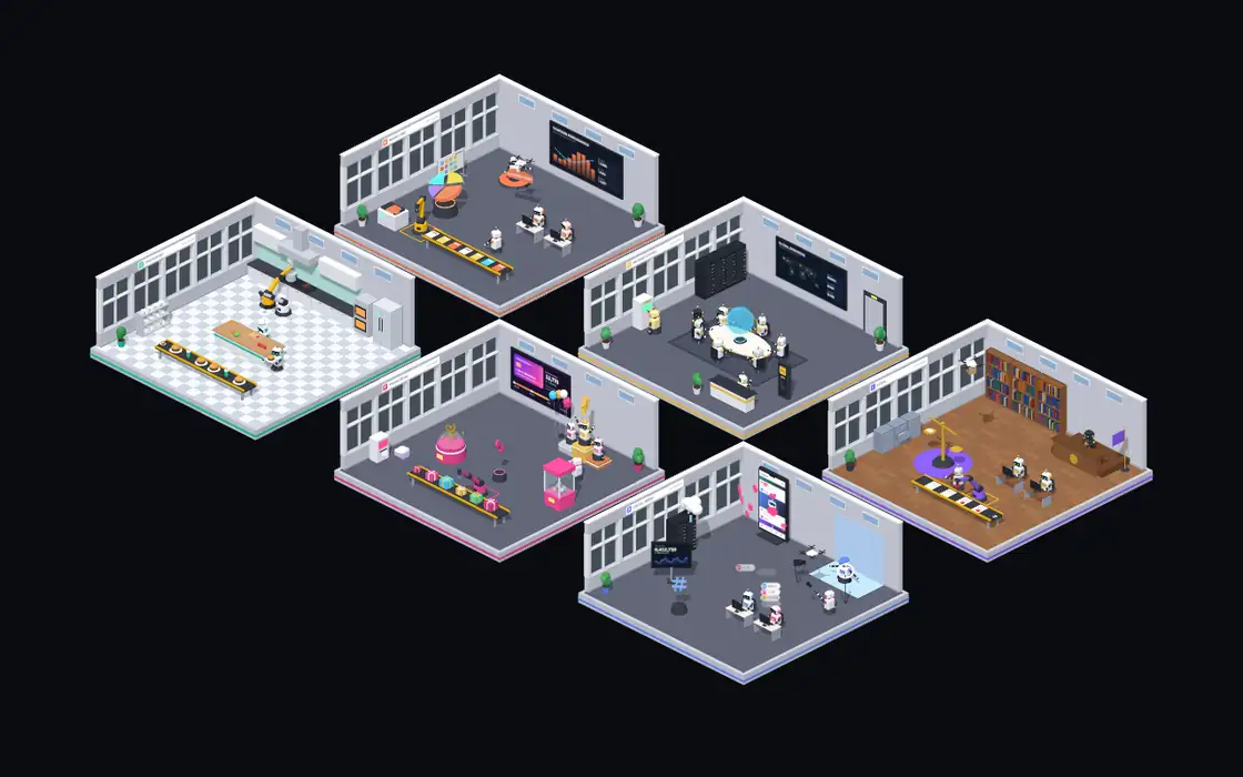A map of a company with six rooms, each with robots working in it