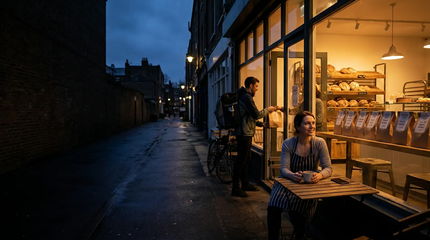 At dusk, a bakery runs on its own — orders bagged and labelled, a courier collecting one — while its owner sits outside with a coffee, phone face down.