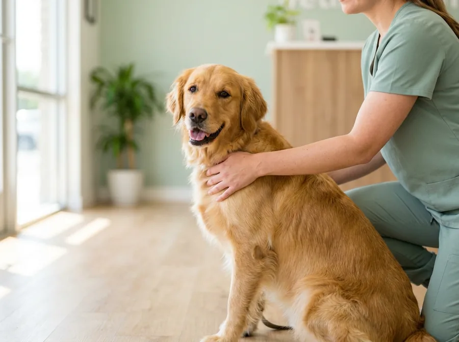 A golden retriever on the Huellitas website, a vet's hand resting on its shoulder.