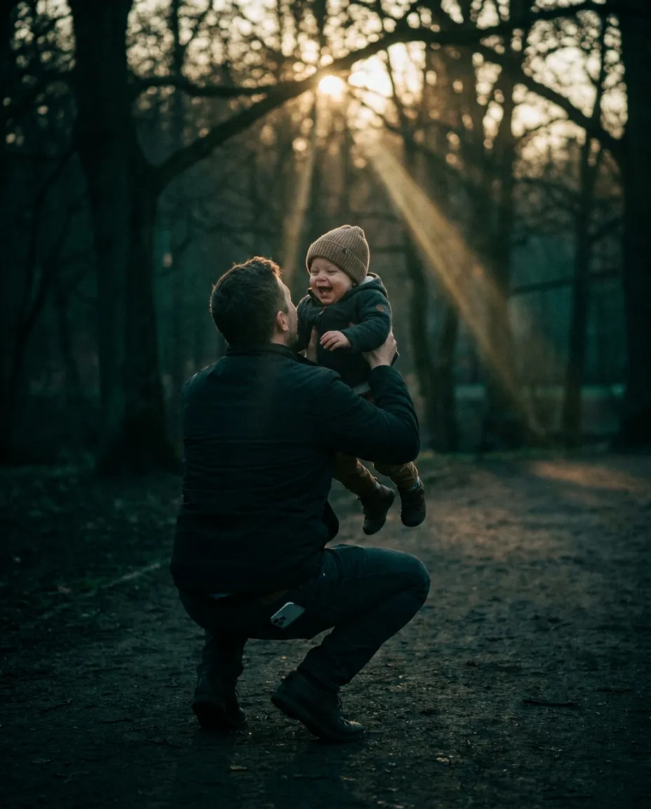 Un padre levanta a su hijo a contraluz entre los árboles al atardecer.