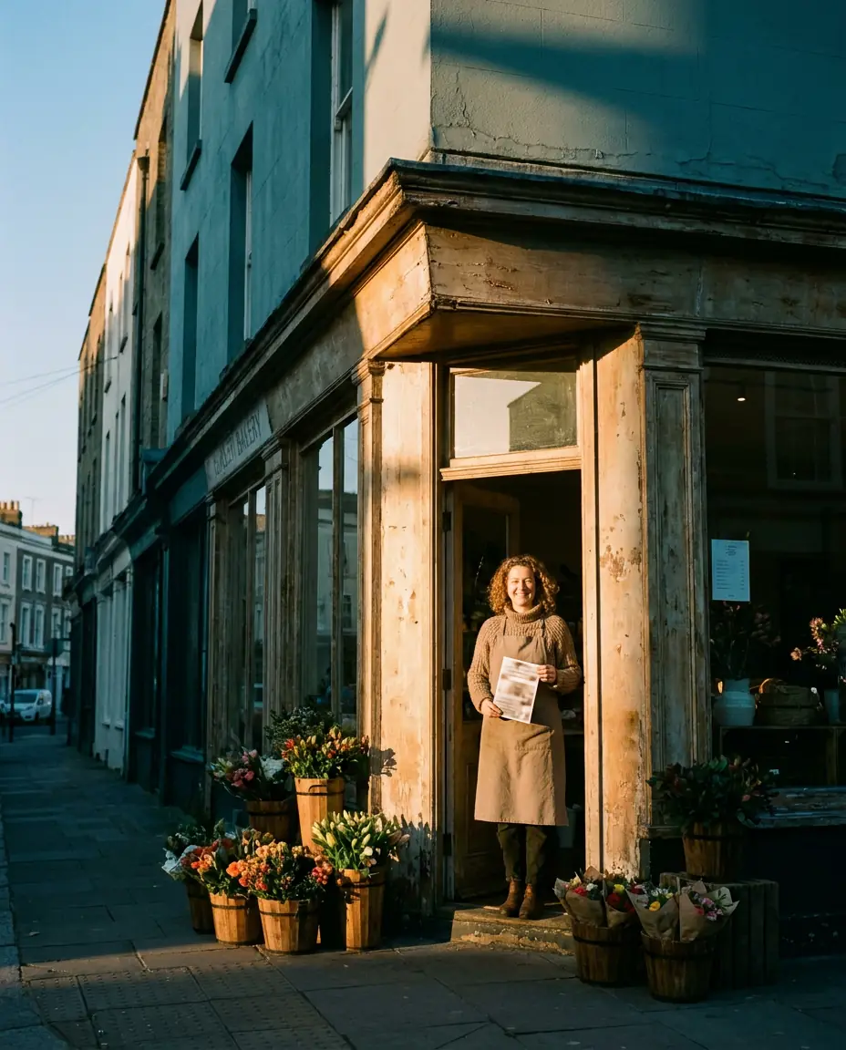 The owner of a corner flower shop in her own doorway at golden hour, smiling at a freshly printed flyer.
