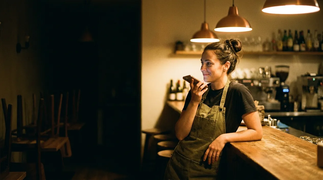 A restaurant owner leaning on her counter at closing time, recording a voice note on her phone.